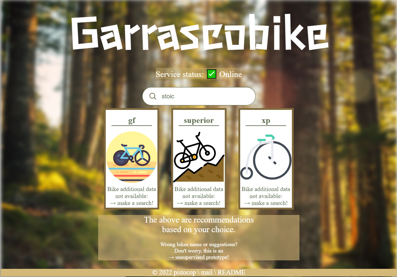 Garrascobike-fe example of a suggestion request, with placeholder images for each bike predicted